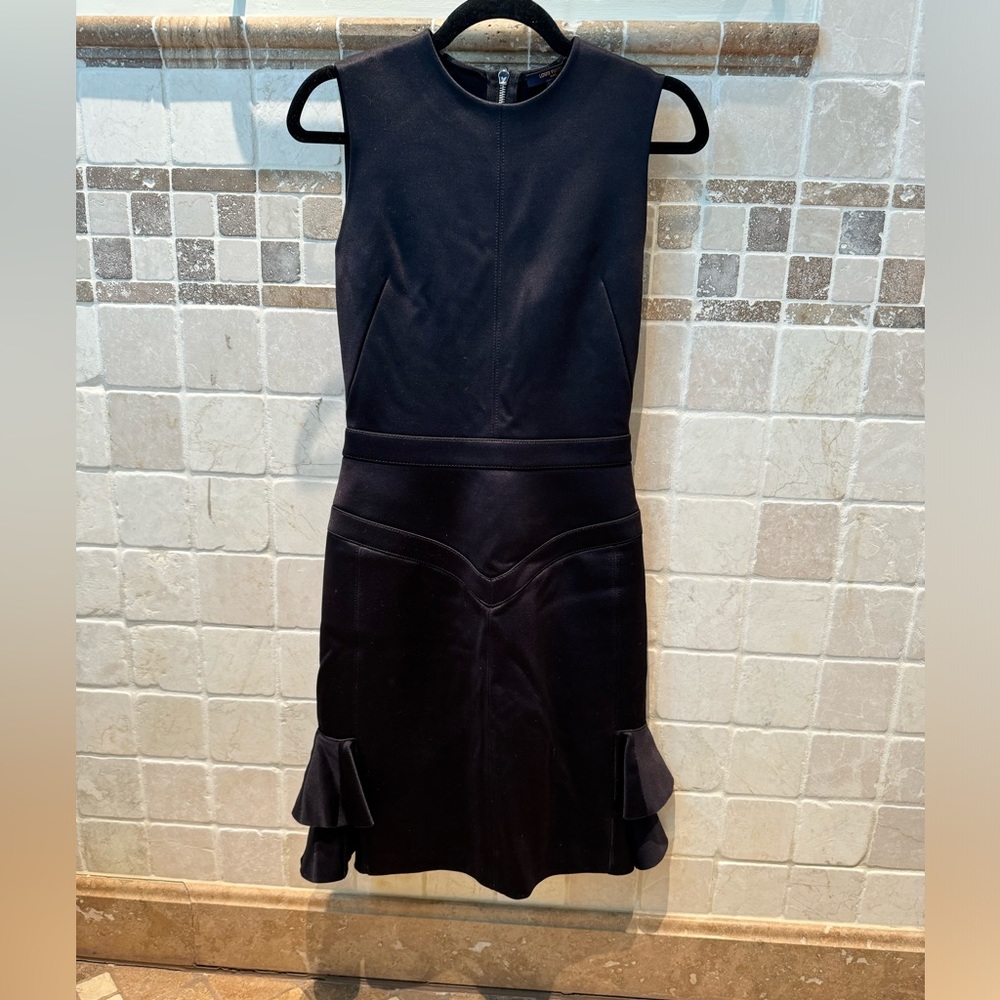 LOUIS VUITTON Black Ecru Wool Blend Ruffled Fitted Cocktail Dress